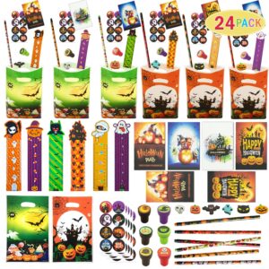 Keenvark 168 PCS Halloween Party Favors,24 Pack Stationery Supplies Set, Halloween Treats for Kids, Halloween Goodie Bag Fillers including Pencils,Erasers,Rulers,Stickers,Stamps,Notepads and Gift Bags