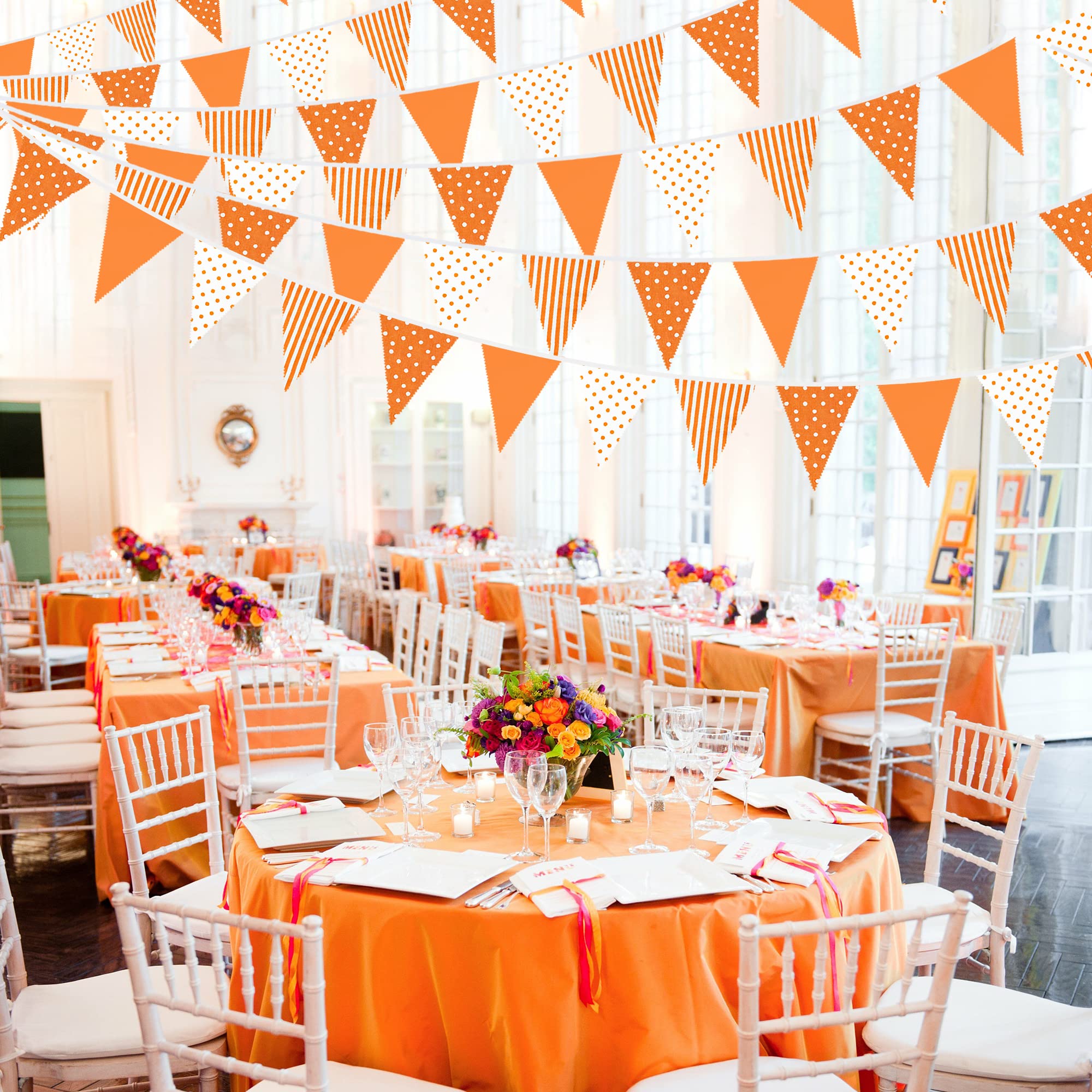 32Ft Orange Stripe Dot Triangle Flag Fabric Banner Cotton Pennant Garland Bunting Streamer for Fall Decor Autumn Wedding Birthday Party Thanksgiving Day Home Nursery Outdoor Garden Hanging Decoration