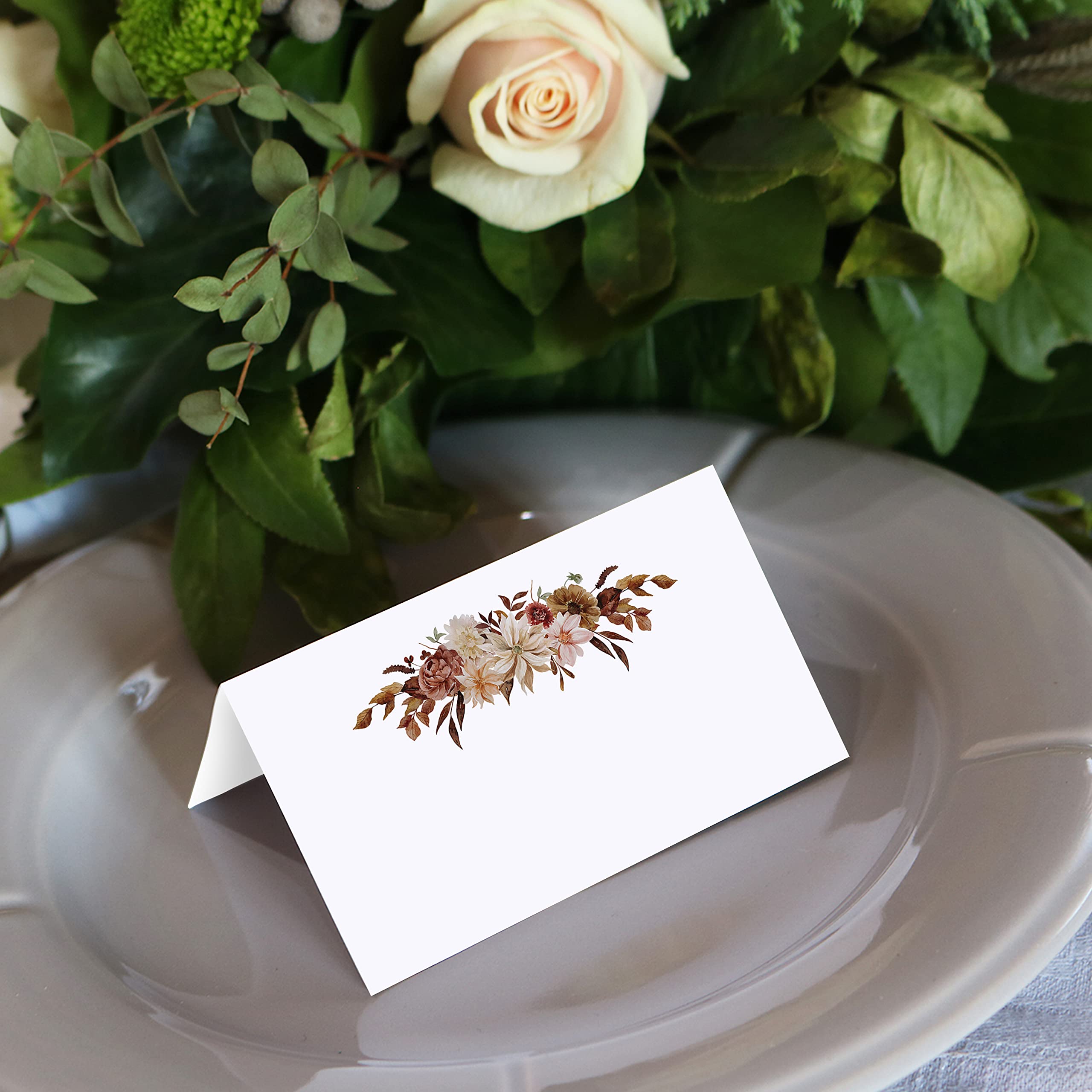 321Done Autumn Floral Place Cards, Made in USA - Small 3.5x2, White, Name Seating Table Cards For Wedding, Dinner Party, Buffet, Shower, Fall Floral Design on Thick Tent Cards - 24 Folding Cards