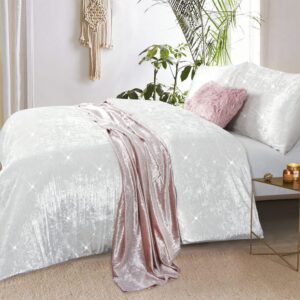 YINFUNG Boho Duvet Cover Velvet Queen Ivory Cream Luxury Crushed Crinkle Velvet Cotton Winter Sequin Glossy Sparkle Glitter Girl Starry Vibrant Textured 90×90 Bedding Set