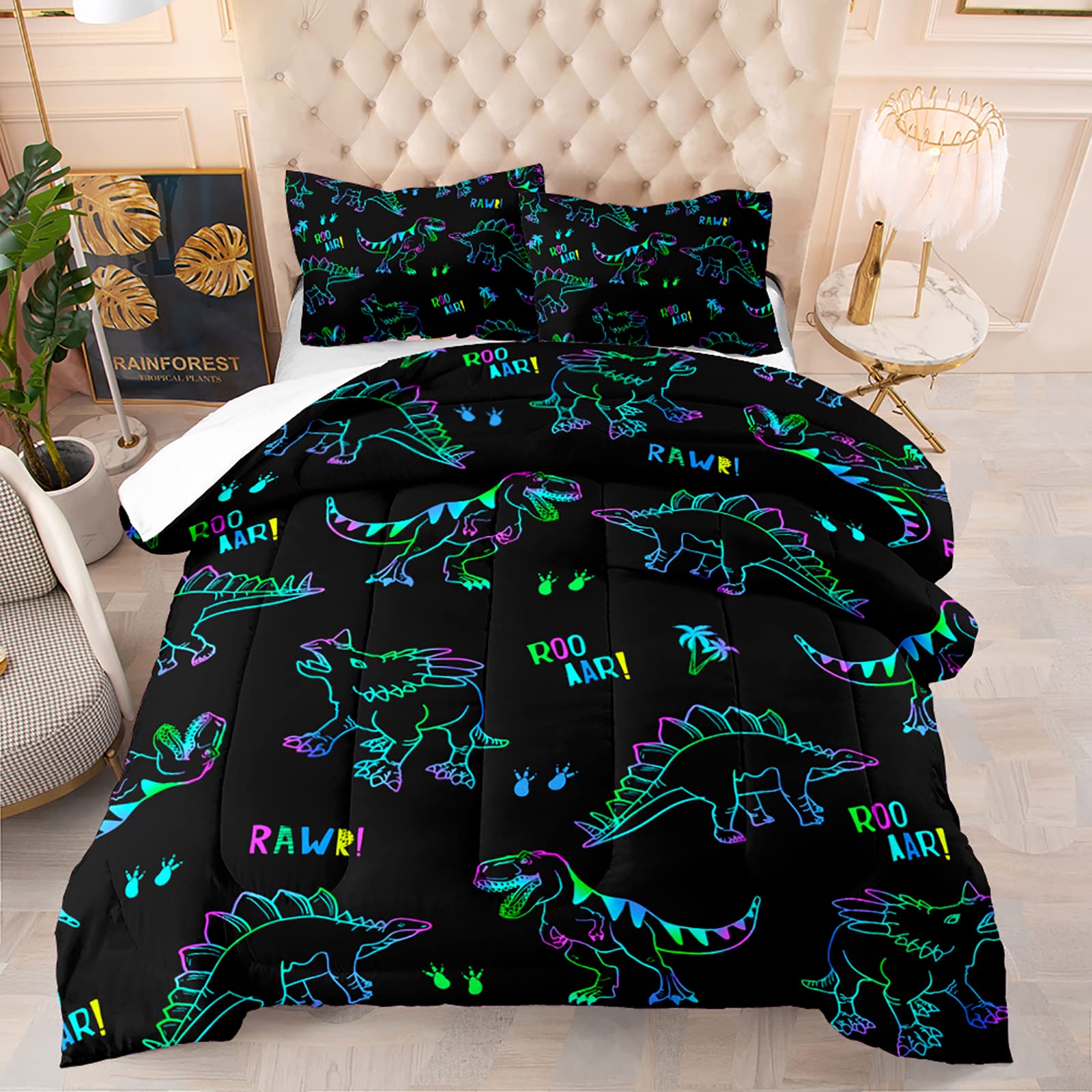 BailiPromise Trippy Dinosaur Comforter Set Twin Size for Boys Kids Quilt Set,Jurassic Bedding 3 Piece,Dino Duvet with Pillow Shames All Seasons Ultra-Soft Lightweight Breathable Black Dinosaur 1