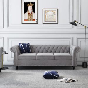 3 Piece Living Room Set, Velvet Chesterfield Sofa Loveseat Couch Chair with Scroll Arms and Nailhead for Living Room, Office (Grey)