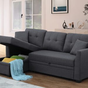 Sleeper Sofa with Pull Out Couch, Sleeper Couch with Storage Chaise, Small Sectional Sofa Lounge Couch 3 Seater Reversible Sofa Couch for Living Room, Bedroom,Apartment