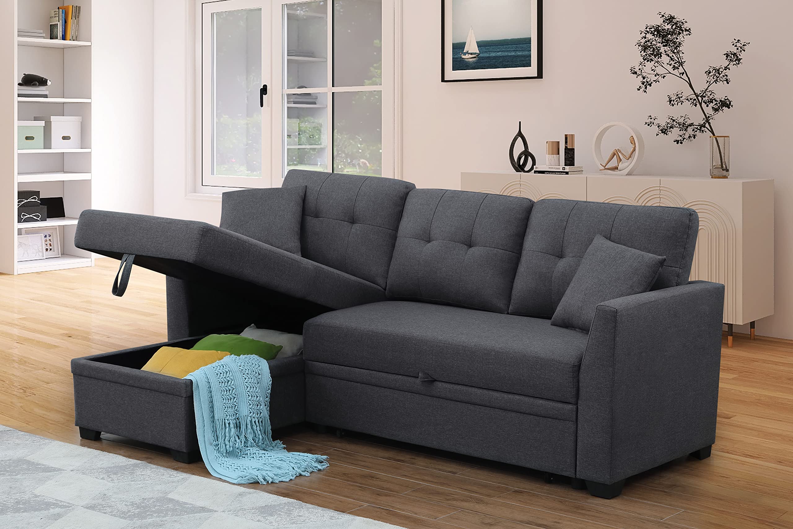 Sleeper Sofa with Pull Out Couch, Sleeper Couch with Storage Chaise, Small Sectional Sofa Lounge Couch 3 Seater Reversible Sofa Couch for Living Room, Bedroom,Apartment