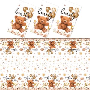 Tatuo 3 Pcs We Can Bearly Wait Baby Shower Tablecloth Decorations Teddy Bear Table Cover Balloon Bear Plastic Tablecloth for Bear Theme Birthday Baby Shower Party Decor, 54 x 108 Inch