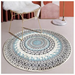 Faux Fur Boho Round Rug Round Area Rug Washable Rug Non-Slip Gray and Blue Small Round Rug Ultra Sofa Carpet for Living Dining Room Bedroom 3'x3' Round Blue/Multi