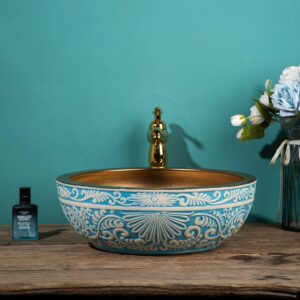 Ceramic Green Sinks Bathroom Vessel Sink Bowl Hand Carved Flower with Gold Inside Porcelain Vanity Top Wash Basin