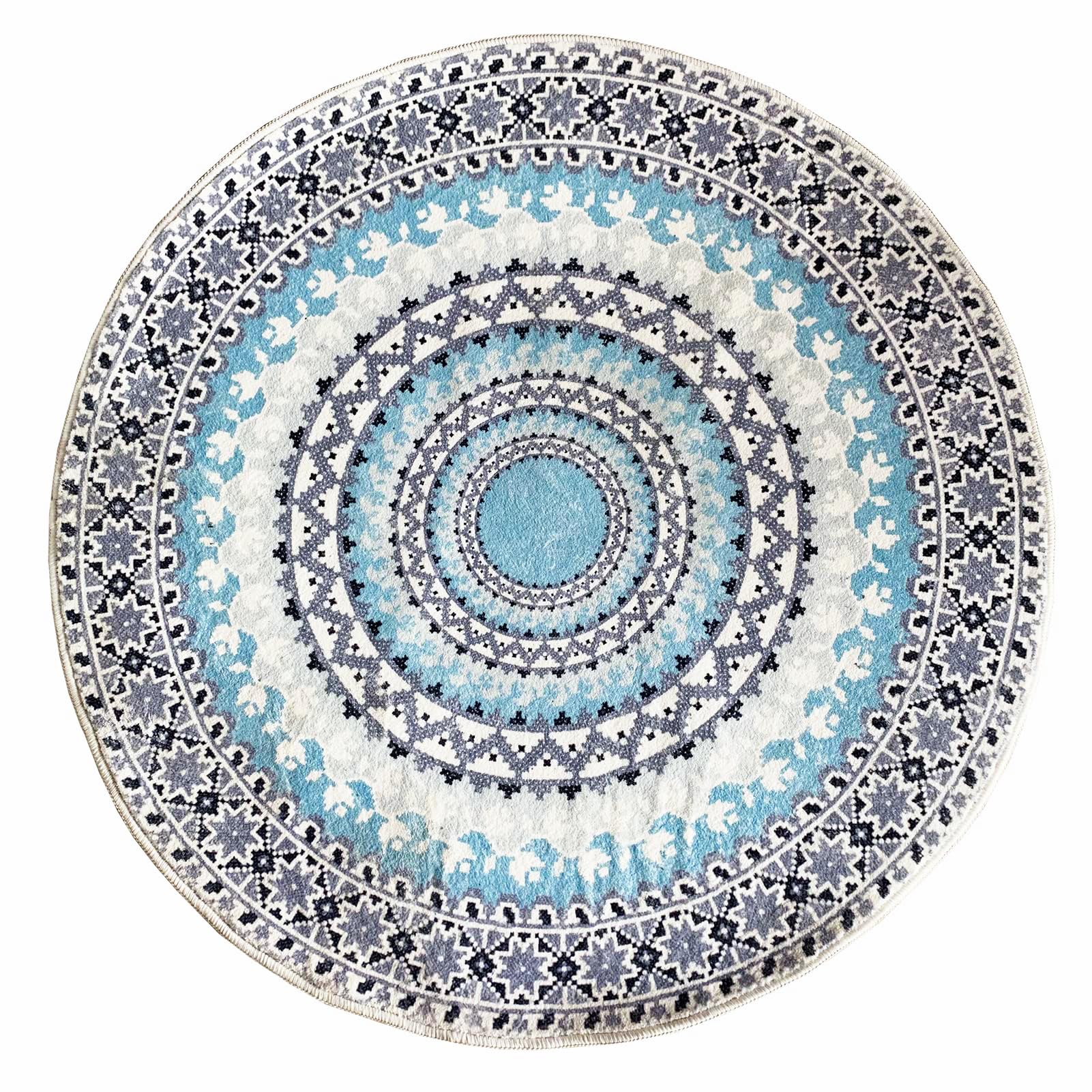 Faux Fur Boho Round Rug Round Area Rug Washable Rug Non-Slip Gray and Blue Small Round Rug Ultra Sofa Carpet for Living Dining Room Bedroom 3'x3' Round Blue/Multi