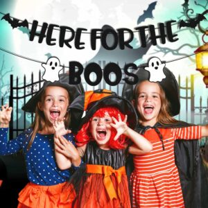 Here for The Boos Banner Halloween Ghost Bat Haunted House Pumpkin Horror Happy Boo Day Themed for Boy Girl Kids Halloween Festival Holiday Party Decoration Black Glitter Supplies