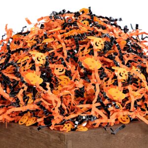 uniqooo 1lb halloween crinkle cut paper, metallic black orange shredded paper raffia filler w/pumpkin confetti, trick or treat candy gift basket box craft bedding cushion, birthday party packaging