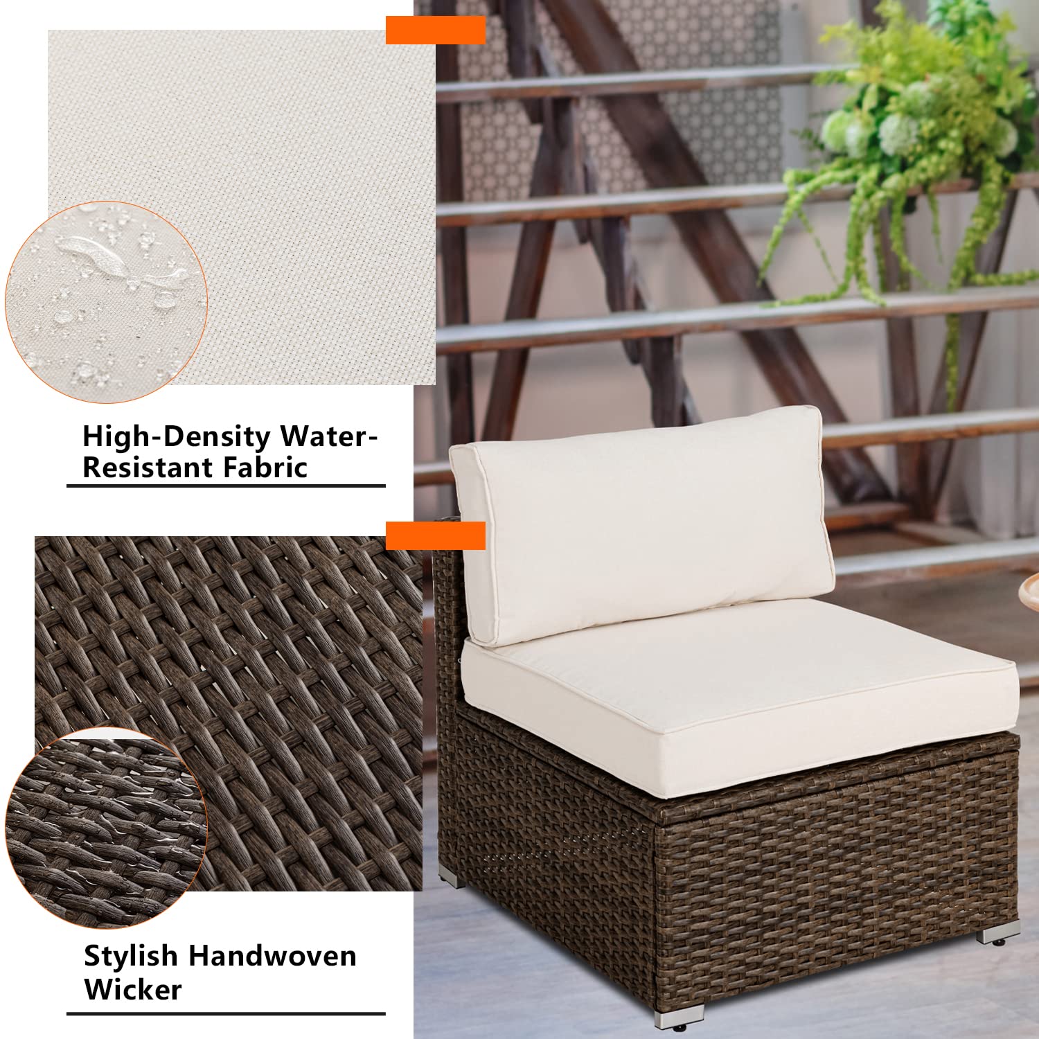 HOMPUS Outdoor Patio Furniture 2-Piece Brown Wicker Armless Chair w Beige Cushion for Garden,Pool,Backyard