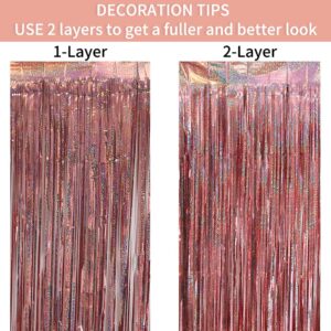 Vanujoy 2 Pack Iridescent Rose Gold Tinsel Foil Fringe Backdrop Curtains - Wall Door Party Decorations for Birthday Bachelorette Engagement Bridal Shower