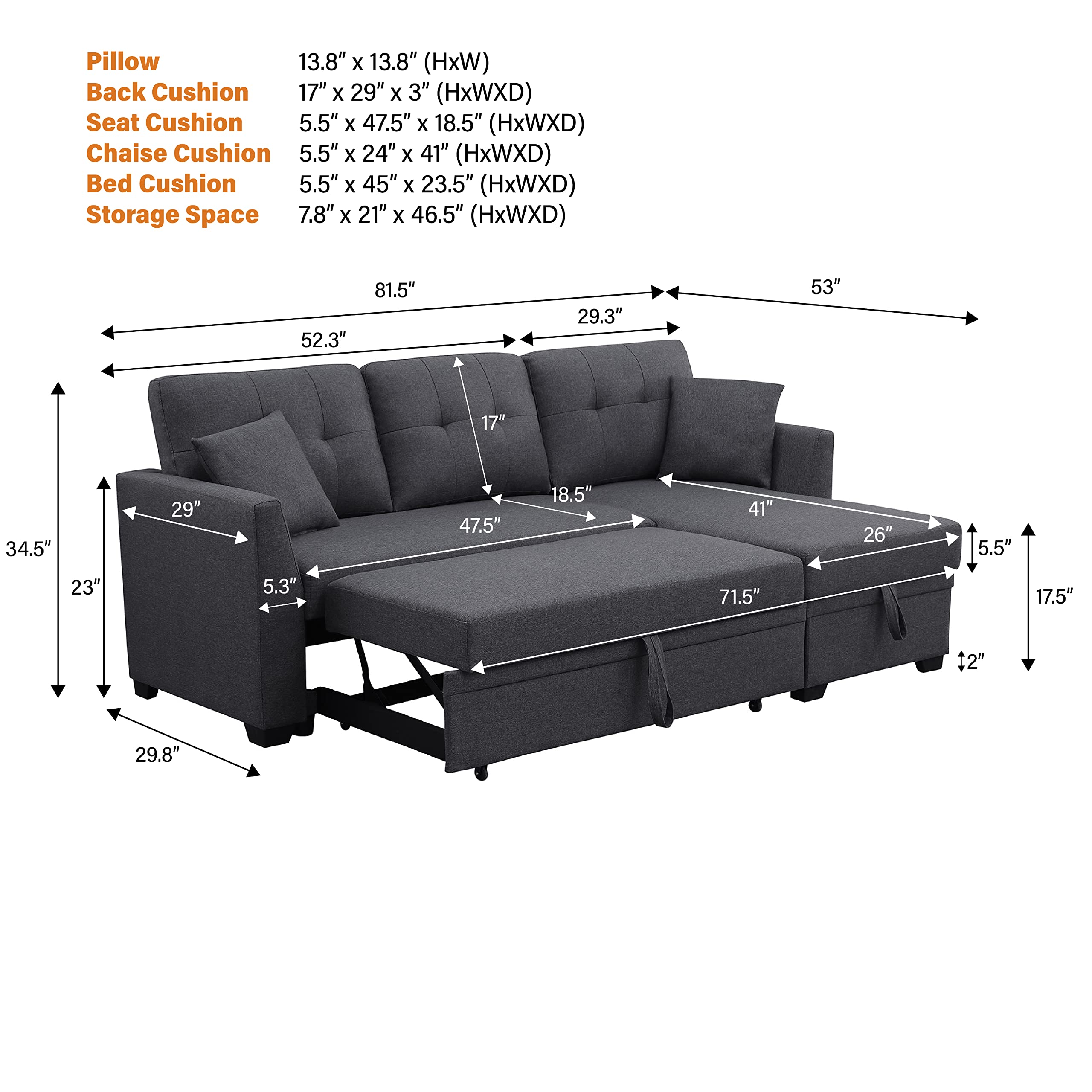 Sleeper Sofa with Pull Out Couch, Sleeper Couch with Storage Chaise, Small Sectional Sofa Lounge Couch 3 Seater Reversible Sofa Couch for Living Room, Bedroom,Apartment