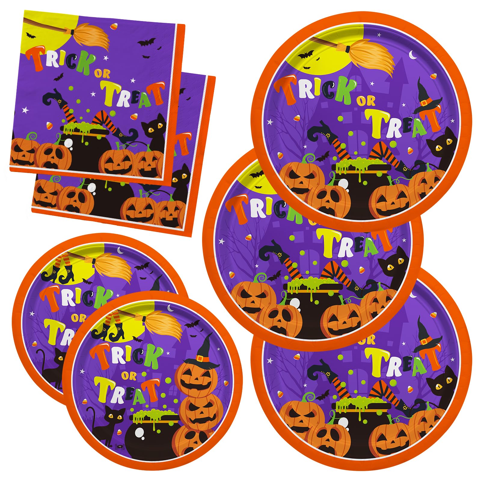 Halloween Party Supplies Kit Serve 50，Halloween Witch Pumpkin Design Includes Disposable Dinner Plates, Dessert Plates and Napkins, Halloween Birthday Party Decorations