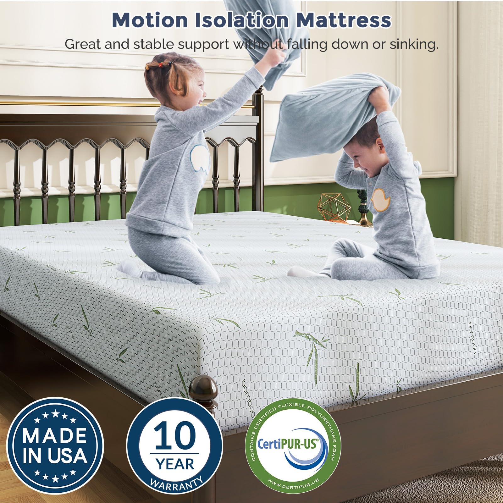 IULULU Twin Size Mattress in a Box, 6 Inch Gel Memory Foam Mattress for Kids Breathable Bamboo Cover Mattress for Bunk Bed, Trundle Bed, CertiPUR-US Certified, Made in USA,White and Green