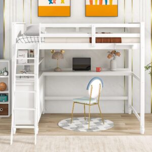 Full Size Loft Bed with Desk and Storage Drawers, Wood Full Loft Bed with Safety Guardrails, Ladder, Headboard and Footboard, High Loft Bed for Kids, Teens, Adults Boys & Girls(Full, White)