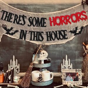 There’s Some Horrors in This House Banner Halloween Horrible Bat Scary Themed for Boy Girl Kids Halloween Festival Party Decorations