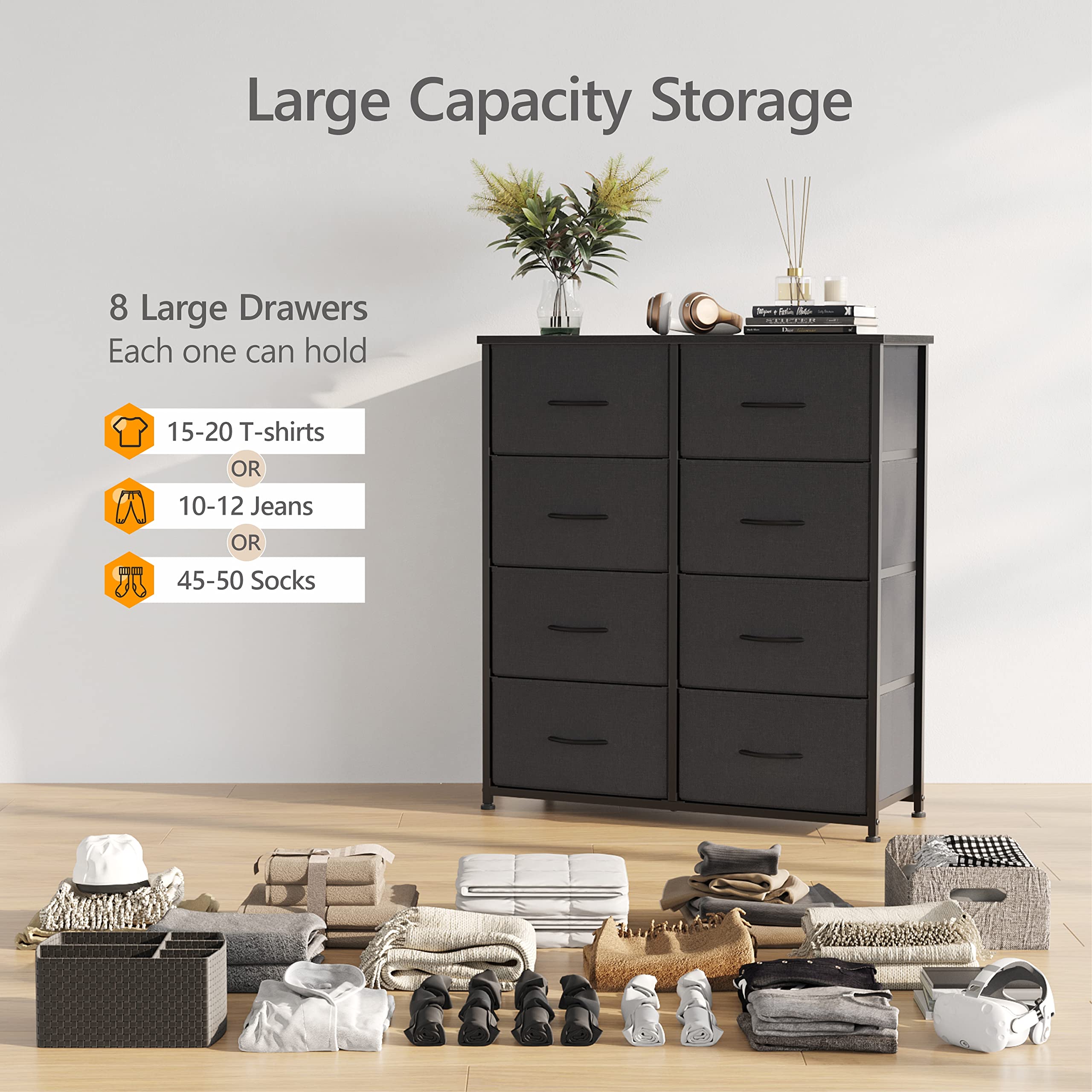 CubiCubi Dresser for Bedroom, Tall Fabric Dresser for Closet, 8 Drawer Small Storage Organizer, Wide Dresser for Bedroom, Hallway, Sturdy Steel Frame Wood Top, Black Grey