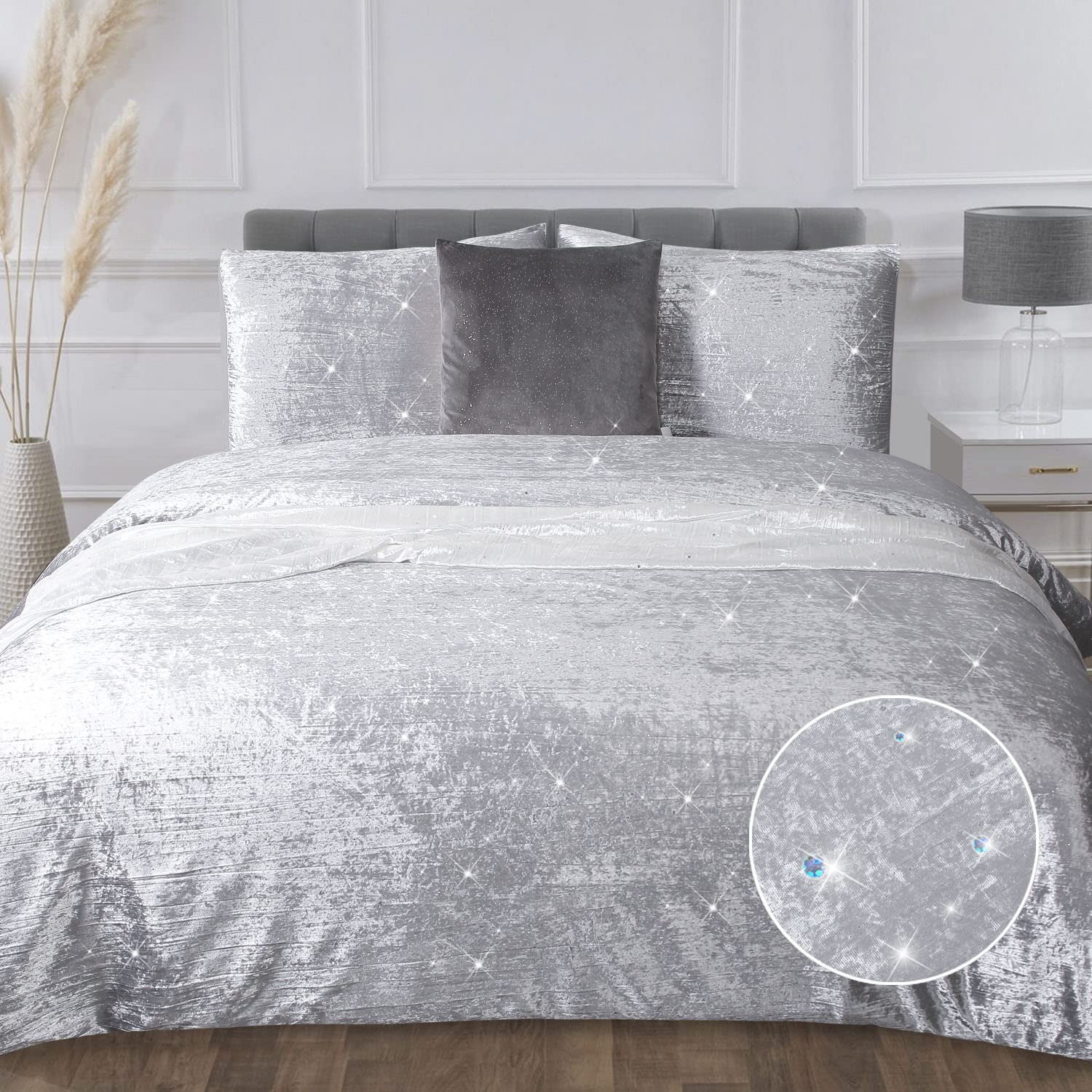 YINFUNG Velvet Duvet Cover Silver Queen Luxury Grey Crushed Velvet Boho Crinkle Light Grey Sequin Glossy Sparkle Glitter Vibrant Textured 90×90 Winter Bedding Set