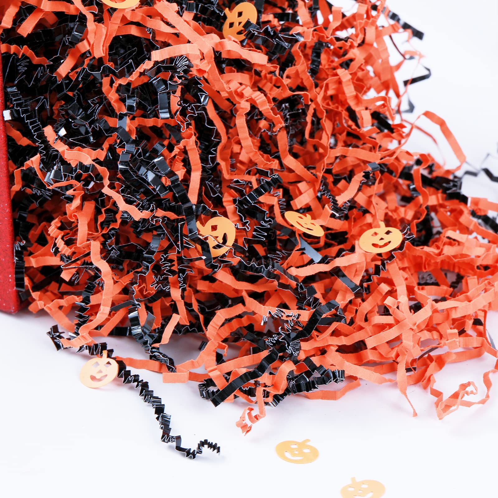 UNIQOOO 1LB Halloween Crinkle Cut Paper, Metallic Black Orange Shredded Paper Raffia Filler w/Pumpkin Confetti, Trick or Treat Candy Gift Basket Box Craft Bedding Cushion, Birthday Party Packaging