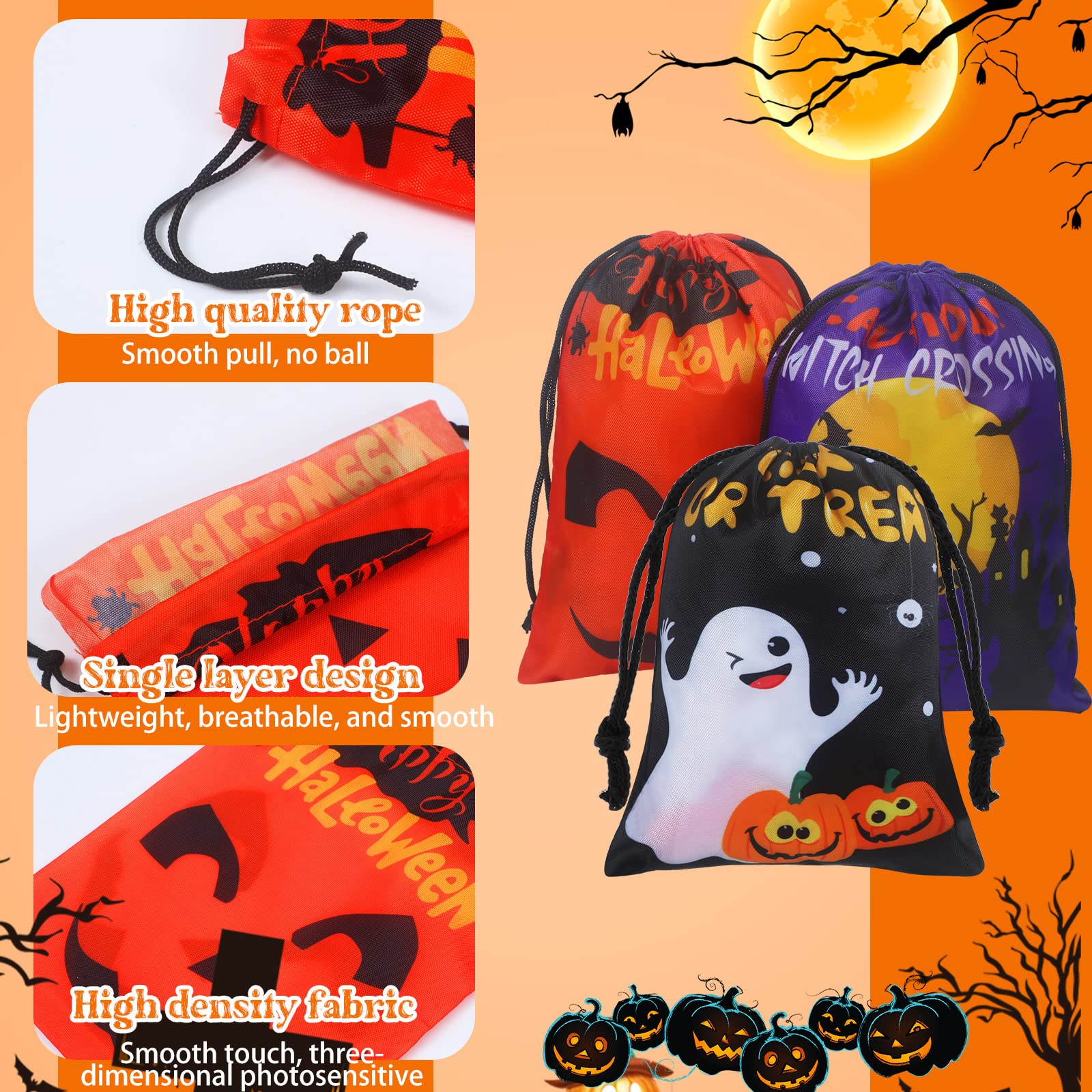 Leifide 24 Pcs Halloween Drawstring Candy Bags 7 x 5 Inch Snack Bags Small Trick or Treat Candy Goody Bags Halloween Pumpkin Candy Snack Bags for Halloween Party Supplies