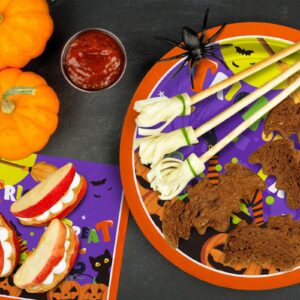 Halloween Party Supplies Kit Serve 50，Halloween Witch Pumpkin Design Includes Disposable Dinner Plates, Dessert Plates and Napkins, Halloween Birthday Party Decorations