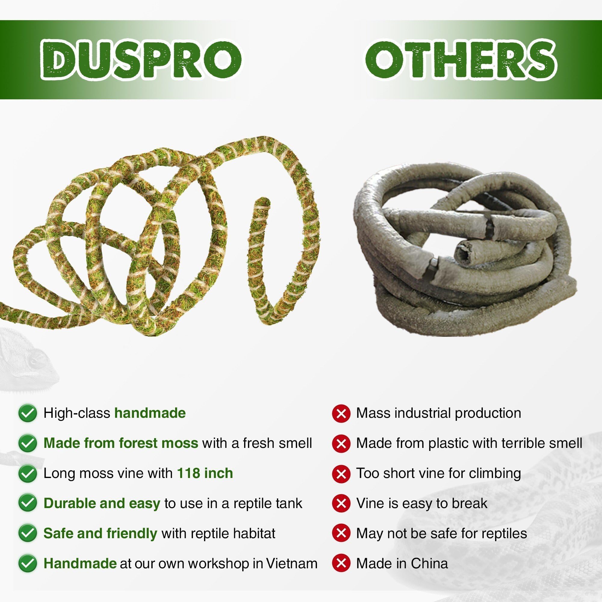 Duspro 10FT Reptile Vines for Climbing Bendable Branch for Reptile Natural Moss Rope Jungle Decor for Bearded Dragon, Chameleon Tank Accessories, Snake Gecko Lizard Terrarium