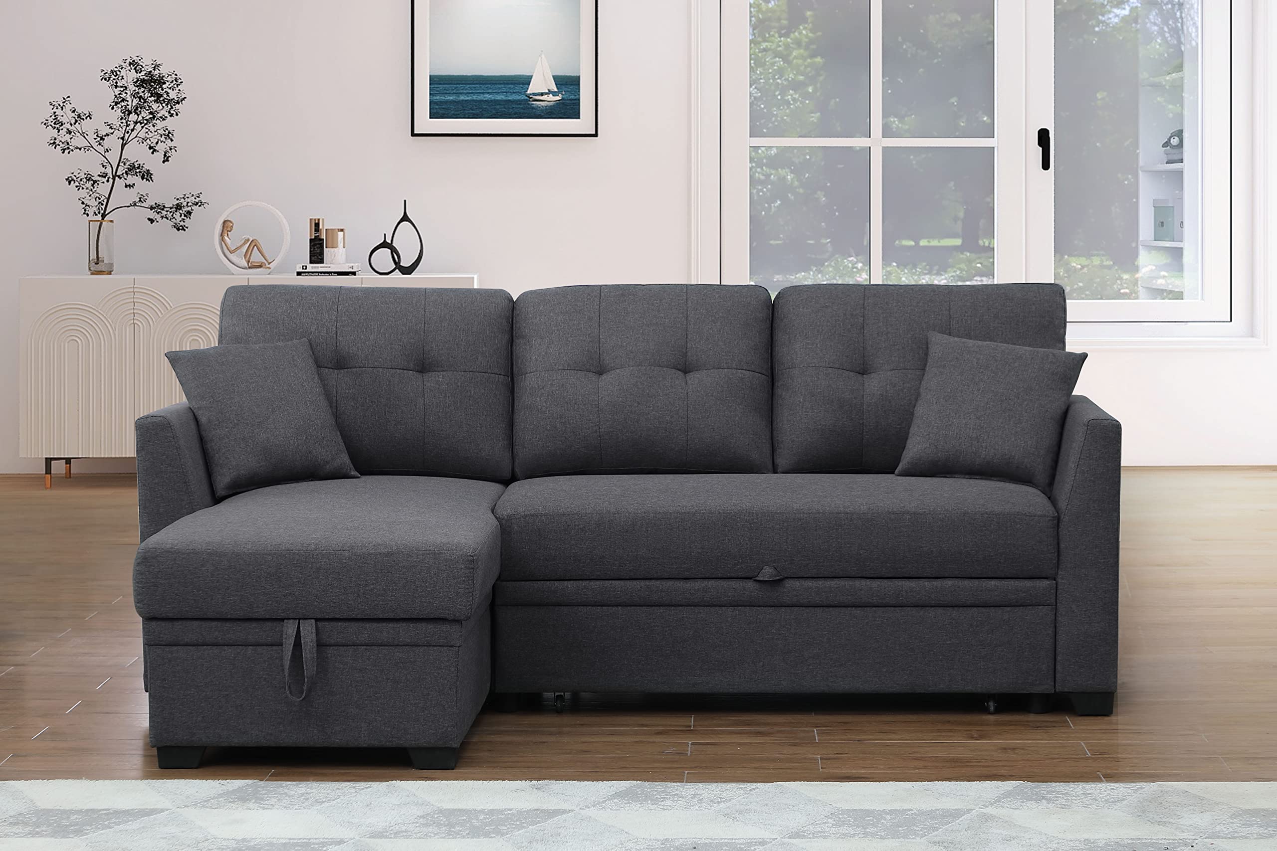 Sleeper Sofa with Pull Out Couch, Sleeper Couch with Storage Chaise, Small Sectional Sofa Lounge Couch 3 Seater Reversible Sofa Couch for Living Room, Bedroom,Apartment