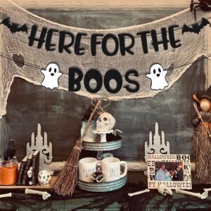 Here for The Boos Banner Halloween Ghost Bat Haunted House Pumpkin Horror Happy Boo Day Themed for Boy Girl Kids Halloween Festival Holiday Party Decoration Black Glitter Supplies