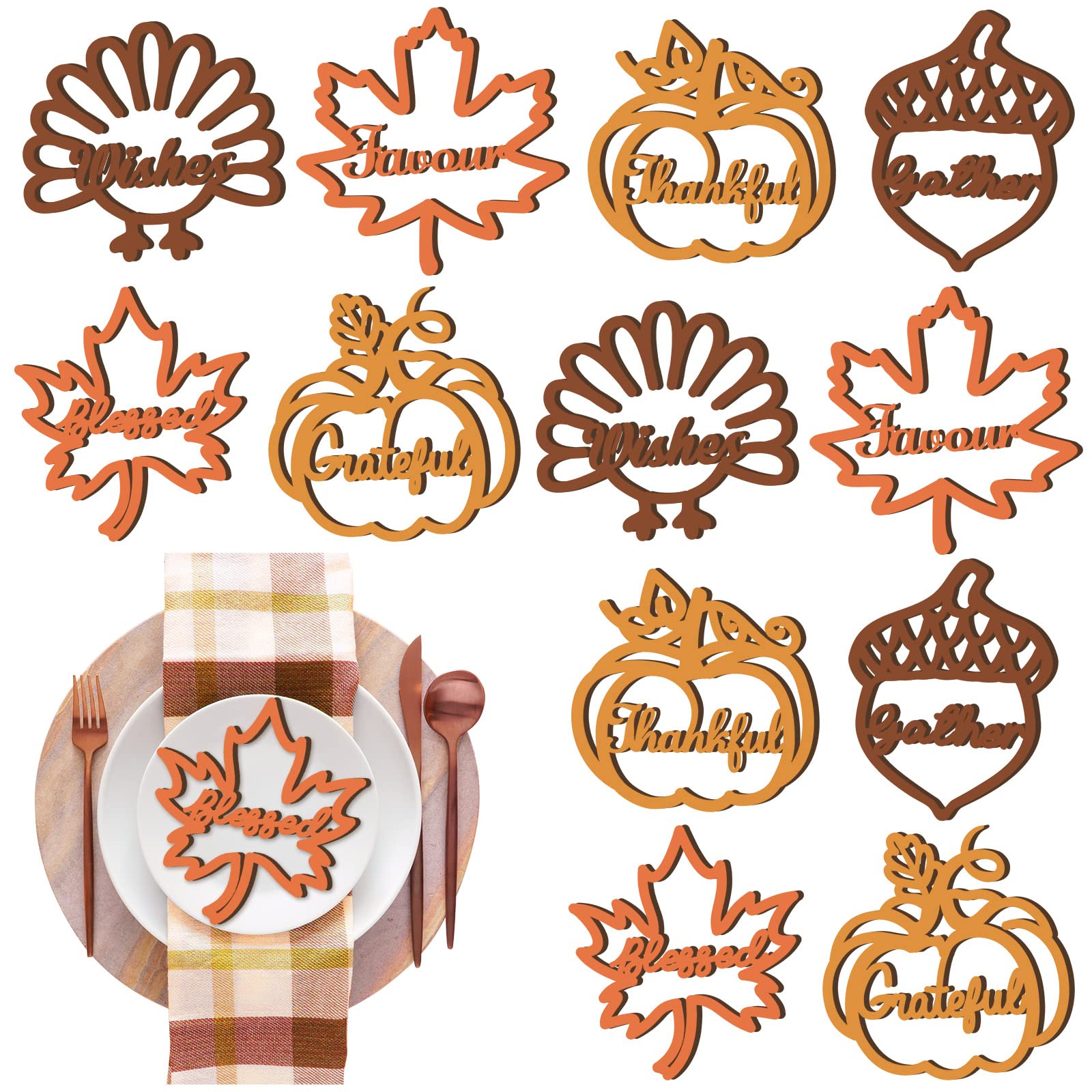 Spiareal 12 Pcs Fall Thanksgiving Wood Cutout Thankful Grateful Blessed Sign Plate Decor Pumpkin Maple Leaf Turkey Table Settings Thanksgiving Autumn Plate Table Wall Decoration(Yellow,Orange,Brown)