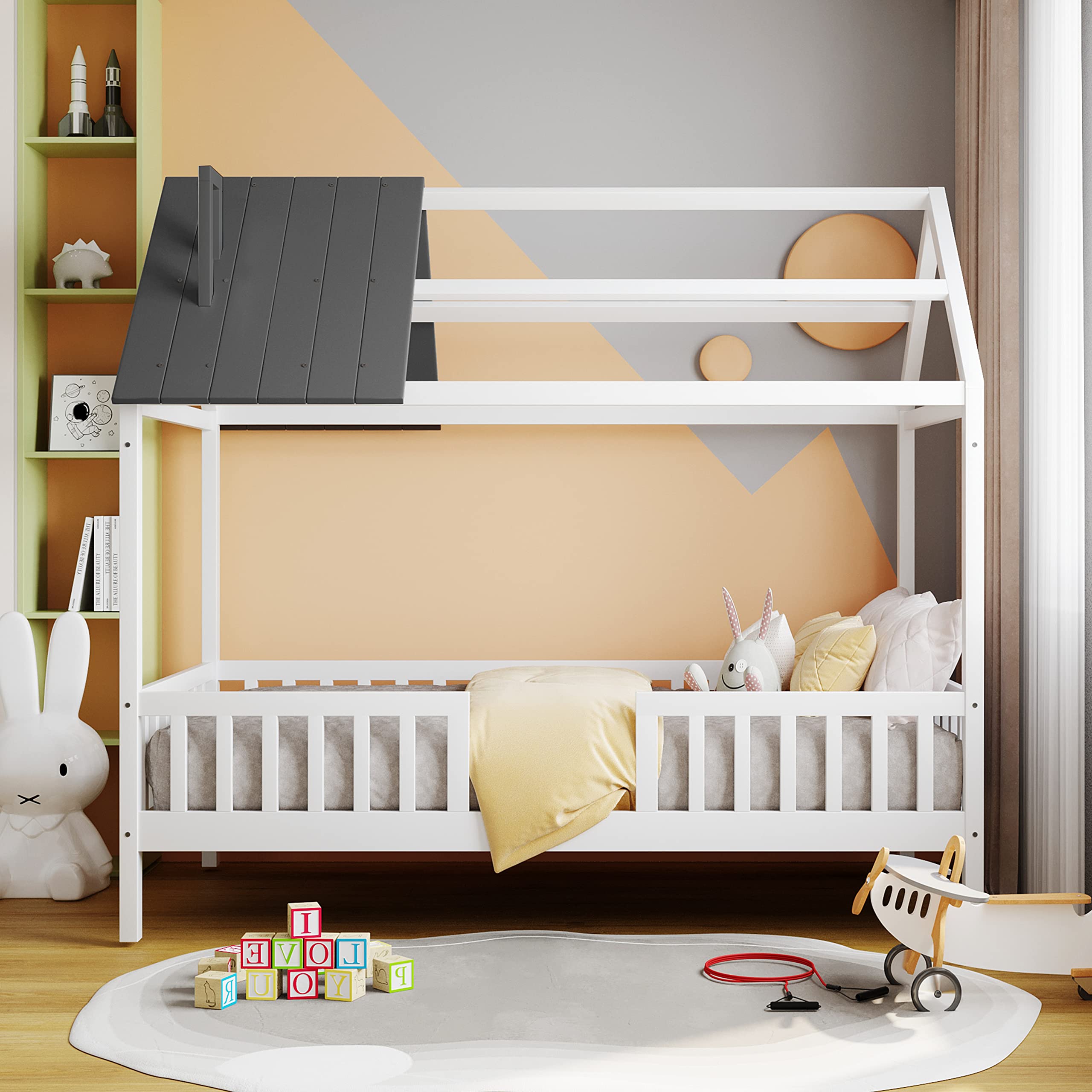 HomSof Twin House Beds Wood Bed Frame Kids Platform Bed with Pine Wood Roof, Fence-Shaped Guardrails, Cabin Bed for Children Kids, Teens, White|Grey, Twin