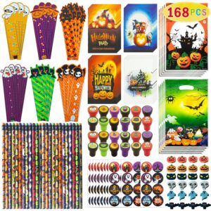 keenvark 168 pcs halloween party favors,24 pack stationery supplies set, halloween treats for kids, halloween goodie bag fillers including pencils,erasers,rulers,stickers,stamps,notepads and gift bags