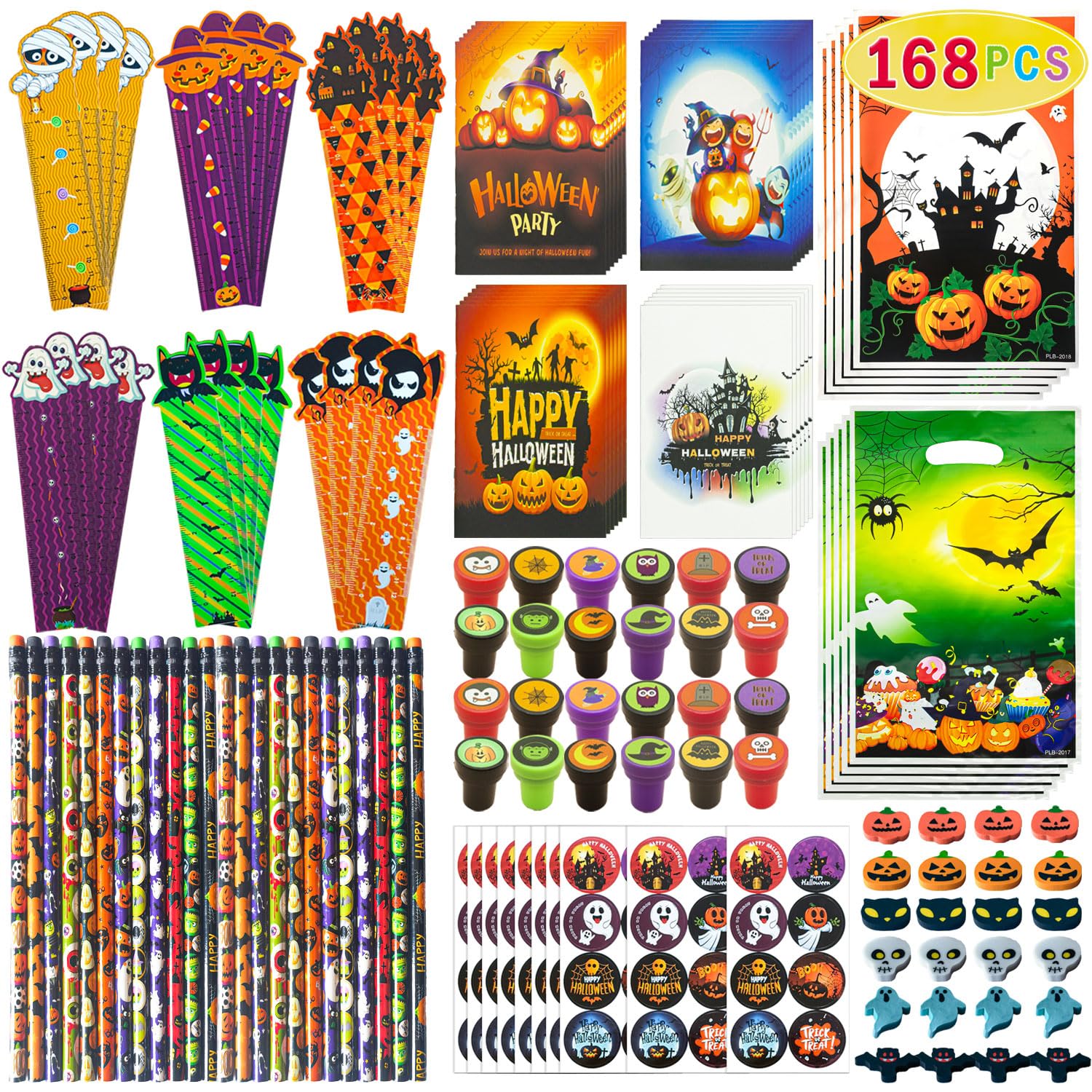 Keenvark 168 PCS Halloween Party Favors,24 Pack Stationery Supplies Set, Halloween Treats for Kids, Halloween Goodie Bag Fillers including Pencils,Erasers,Rulers,Stickers,Stamps,Notepads and Gift Bags