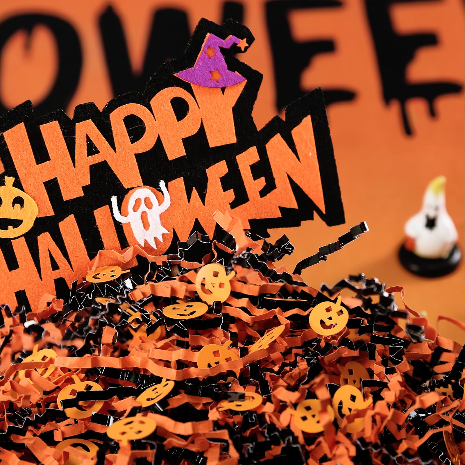 UNIQOOO 1LB Halloween Crinkle Cut Paper, Metallic Black Orange Shredded Paper Raffia Filler w/Pumpkin Confetti, Trick or Treat Candy Gift Basket Box Craft Bedding Cushion, Birthday Party Packaging