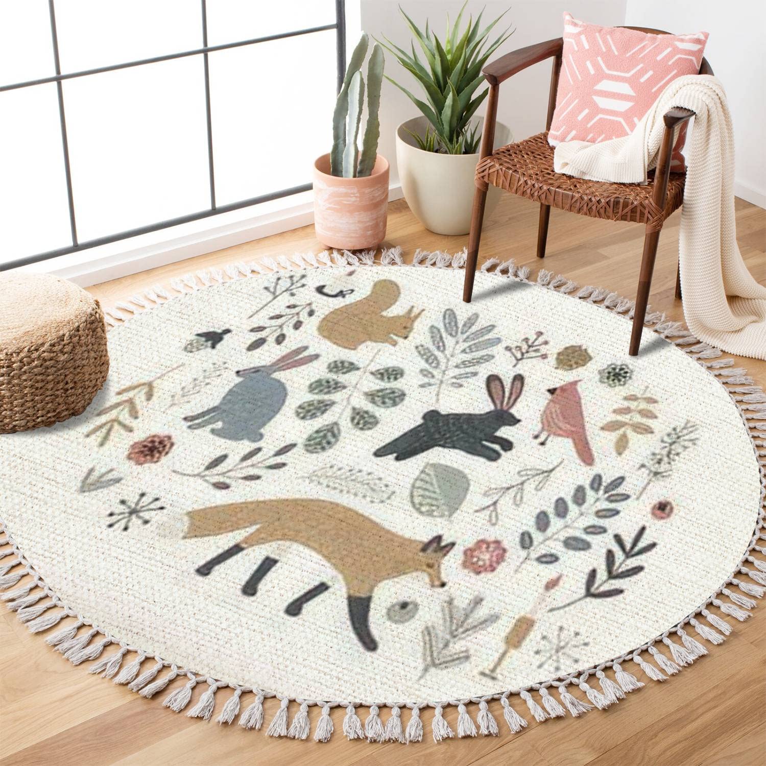 Round Rugs Hand Drawn Scandinavian Style Set Forest Animals Plants Clip Boho Area Rug Linen and Cotton Carpet Meditation Rug Washable Hallway Runner Mat Accent Rug for Bedroom Bathroom 4ft