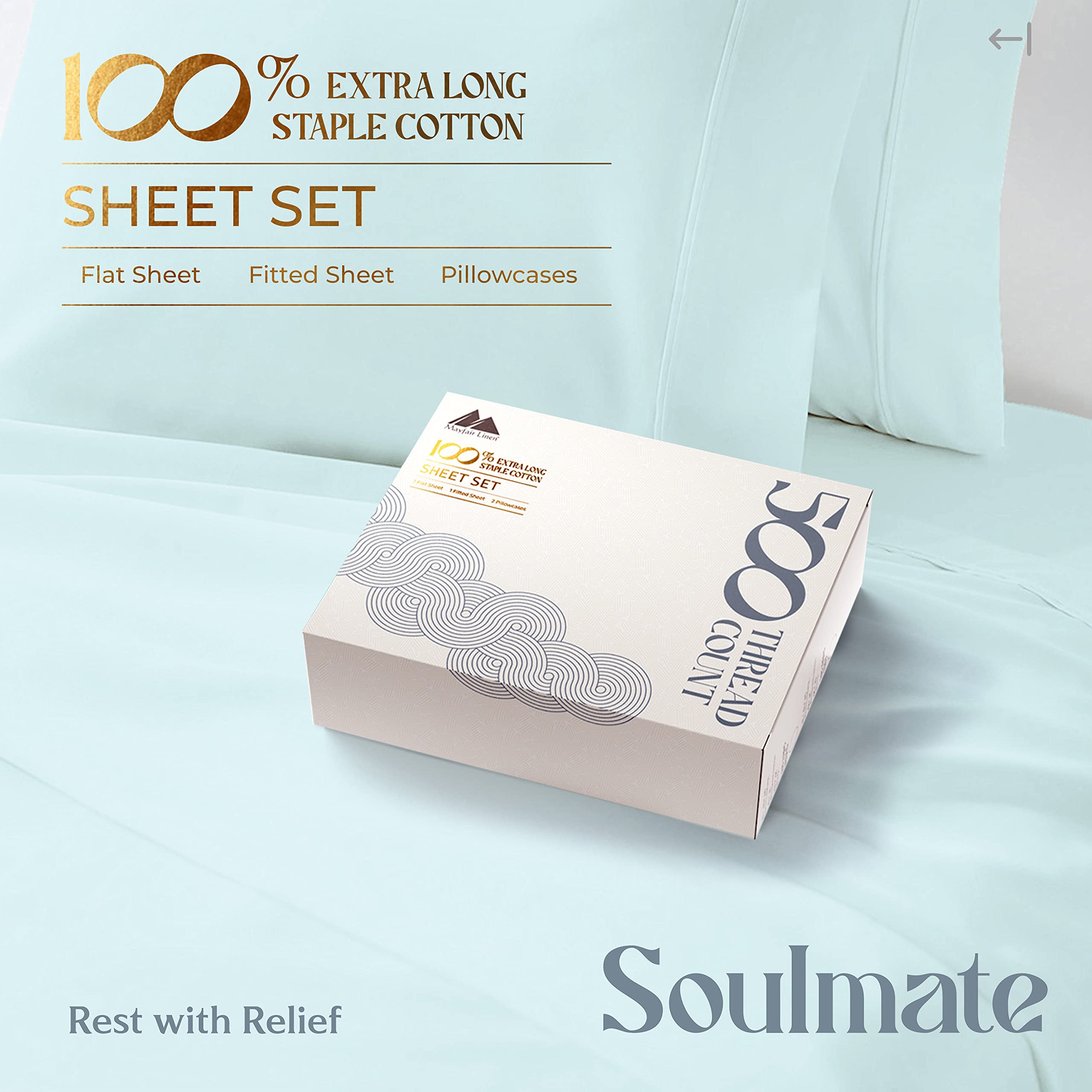 Mayfair Linen Twin Sheets Set Cotton - 500 Thread Count 100% Cotton Twin Sheet Set, 3 PC Twin Sheets, Cooling & Luxury Sateen Sheets, 16" Deep Pockets Easy Fit, Breathable Cotton Sheets (Sea Foam)