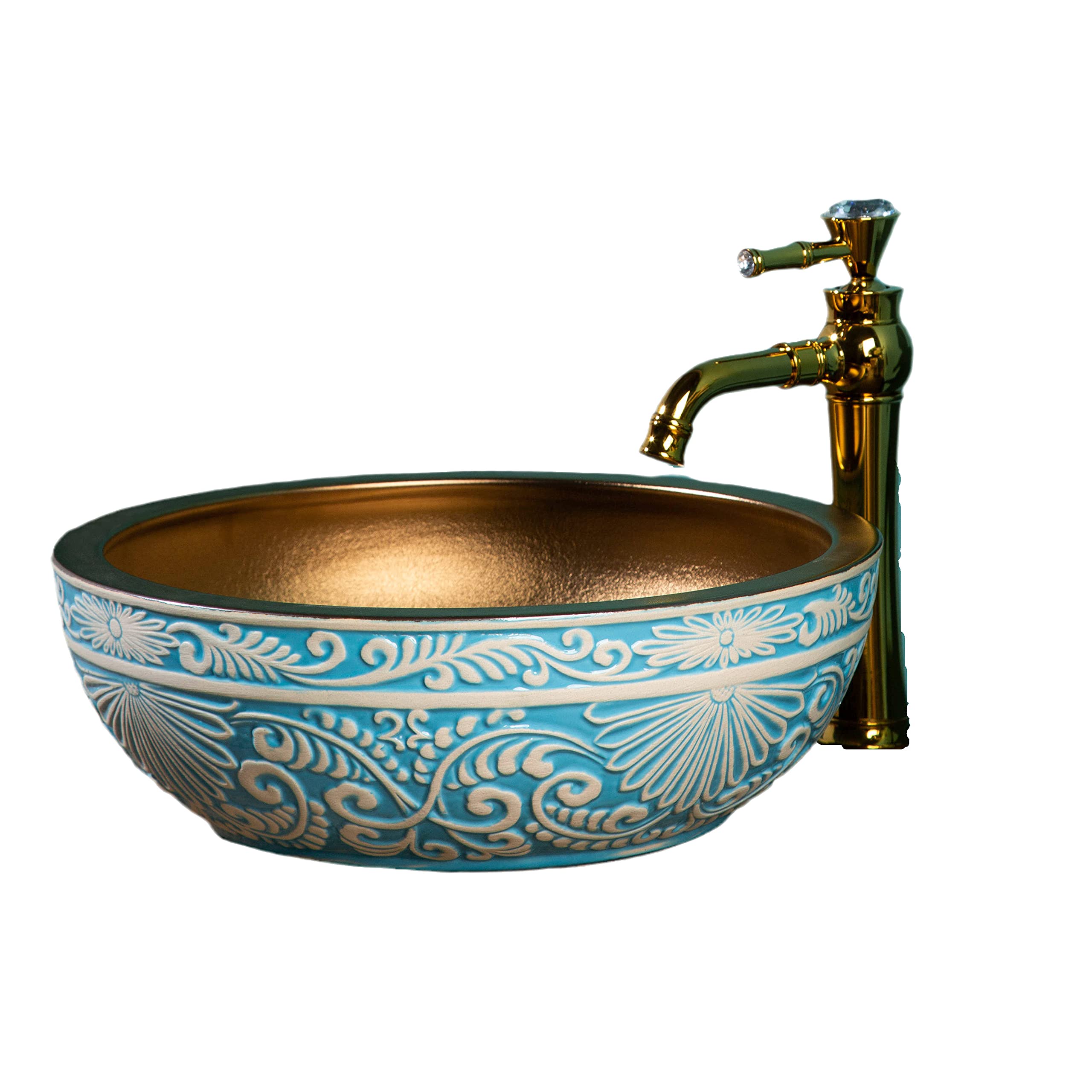 Ceramic Green Sinks Bathroom Vessel Sink Bowl Hand Carved Flower with Gold Inside Porcelain Vanity Top Wash Basin