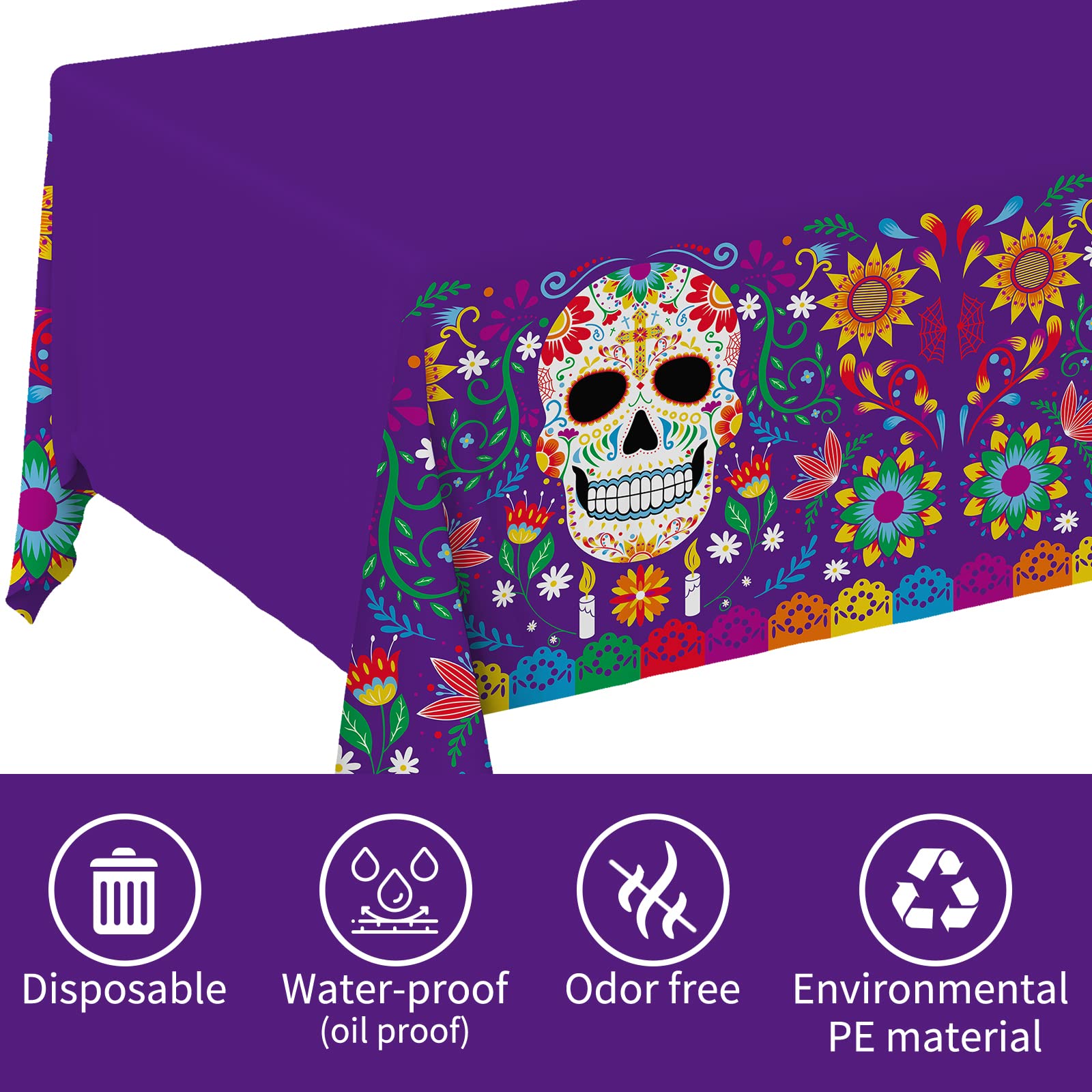 Day of The Dead Party Disposable Tablecloth Plastic Sugar Skull Table Cover for Dia De Los Muertos Party Decoration 54 X 108 inch 3 Pack for Day of The Dead Party