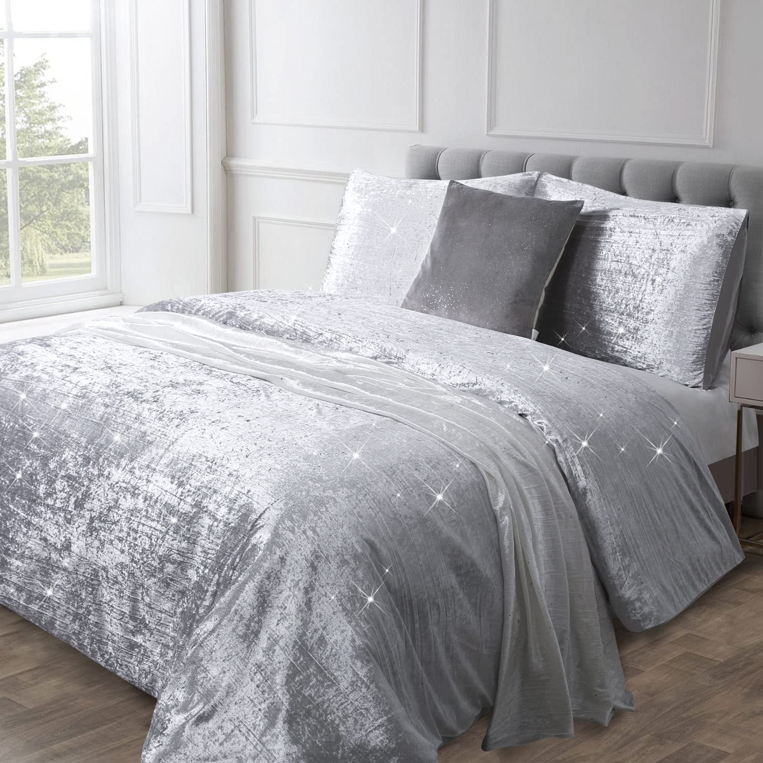 YINFUNG Velvet Duvet Cover Silver Queen Luxury Grey Crushed Velvet Boho Crinkle Light Grey Sequin Glossy Sparkle Glitter Vibrant Textured 90×90 Winter Bedding Set