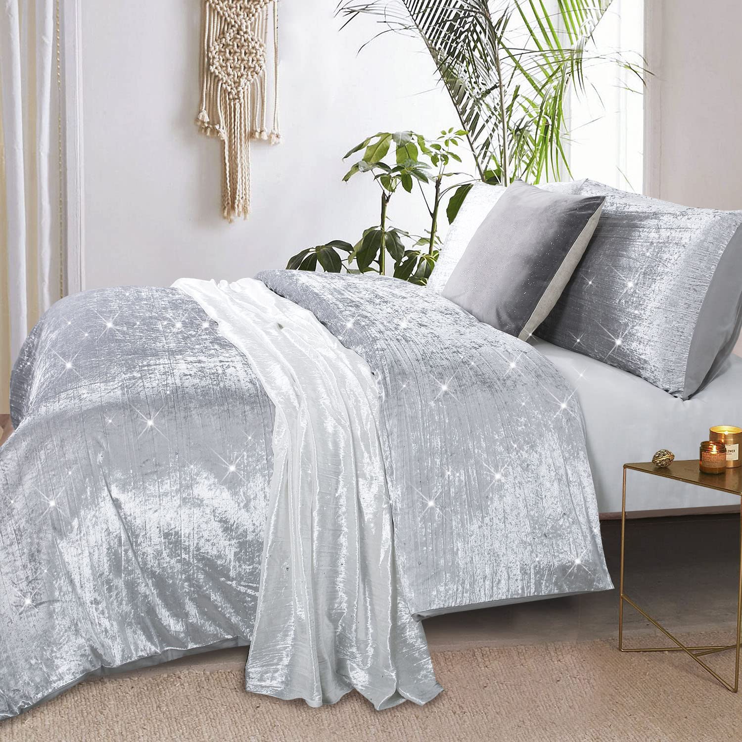 YINFUNG Velvet Duvet Cover Silver Queen Luxury Grey Crushed Velvet Boho Crinkle Light Grey Sequin Glossy Sparkle Glitter Vibrant Textured 90×90 Winter Bedding Set