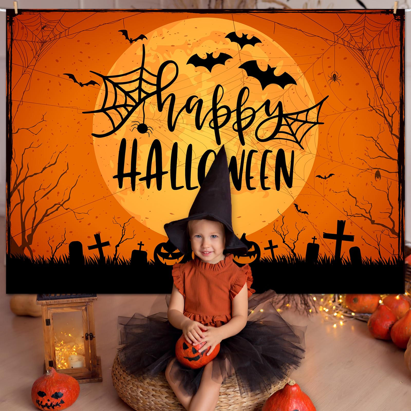 Mocsicka Happy Halloween Backdrop Orange Night Moon Graveyard Background Spooky Pumpkin Spider Web Halloween Party Cake Table Decoration Banner Photo Booth Props (7x5ft)