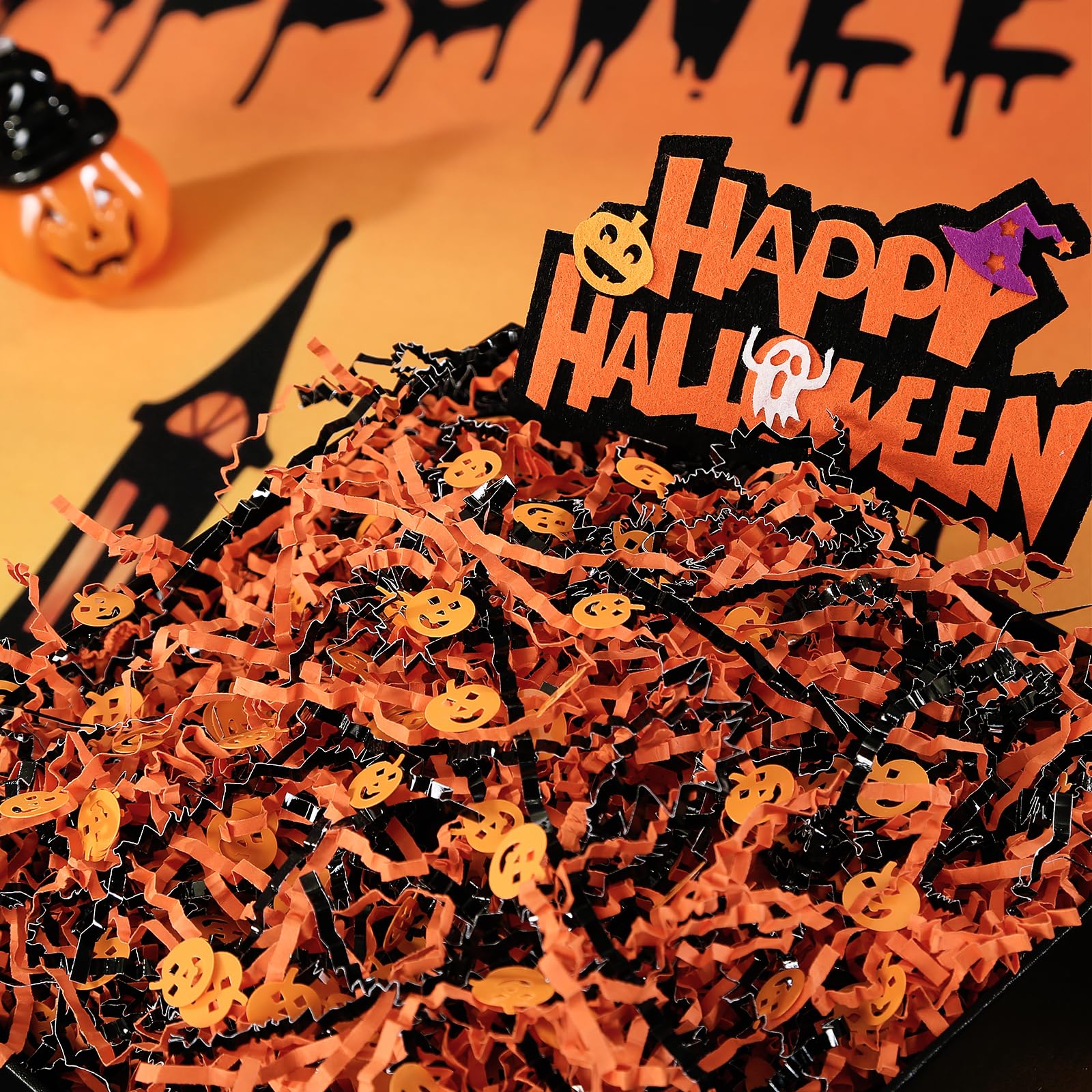 UNIQOOO 1LB Halloween Crinkle Cut Paper, Metallic Black Orange Shredded Paper Raffia Filler w/Pumpkin Confetti, Trick or Treat Candy Gift Basket Box Craft Bedding Cushion, Birthday Party Packaging