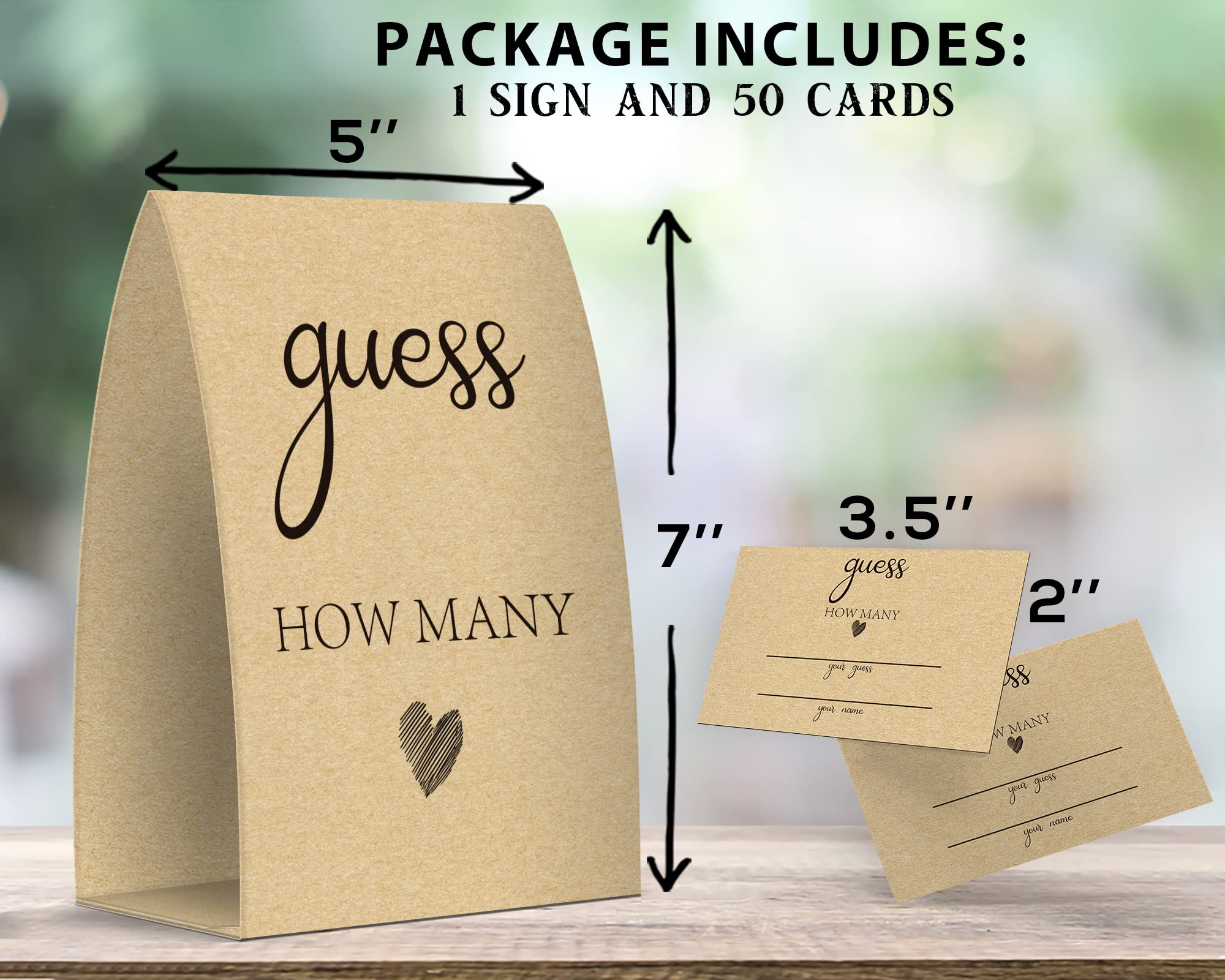 Guess How Many, Kraft, Bridal Shower Decorations, Bridal Shower Games - One Sign and 50 Cards(GUESS003)