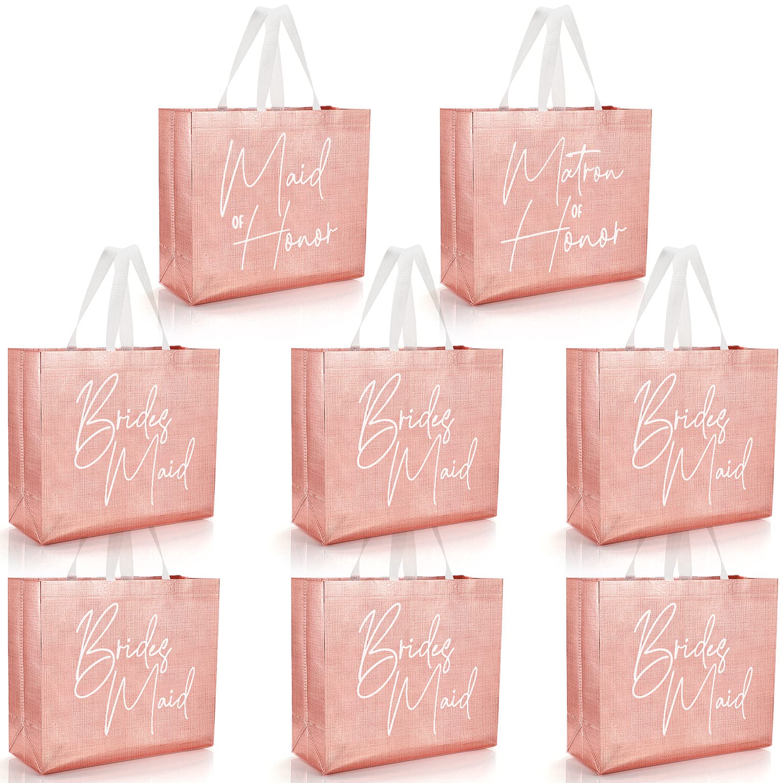 8 Pcs Bridesmaid Gift Bags Non-woven Reusable Gift Bags With Glossy Finish Wedding Welcome Bag with Handle Maid of Honor Matron of Honor Bags for Bridal Shower Engagement Bachelorette Party (Pink)