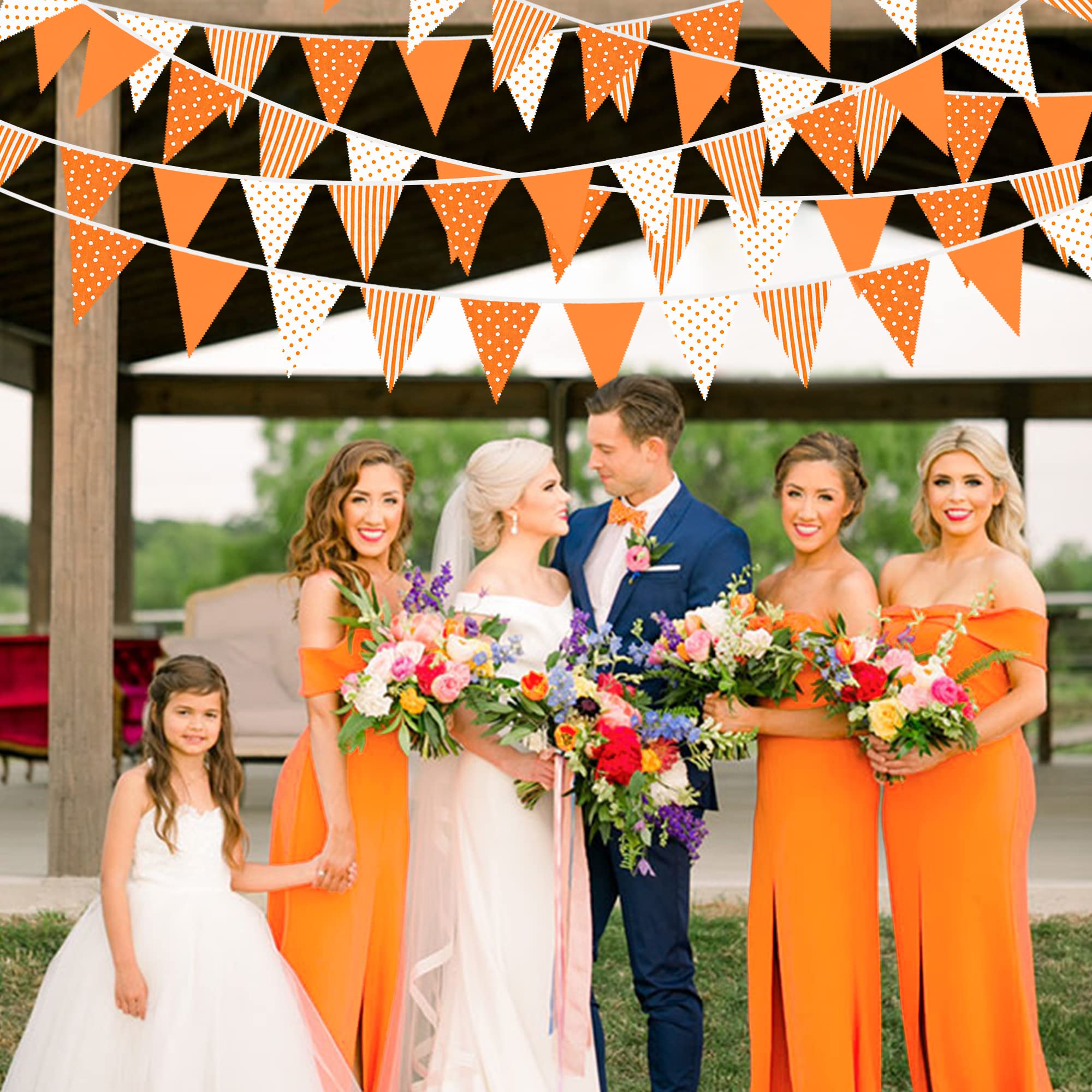 32Ft Orange Stripe Dot Triangle Flag Fabric Banner Cotton Pennant Garland Bunting Streamer for Fall Decor Autumn Wedding Birthday Party Thanksgiving Day Home Nursery Outdoor Garden Hanging Decoration