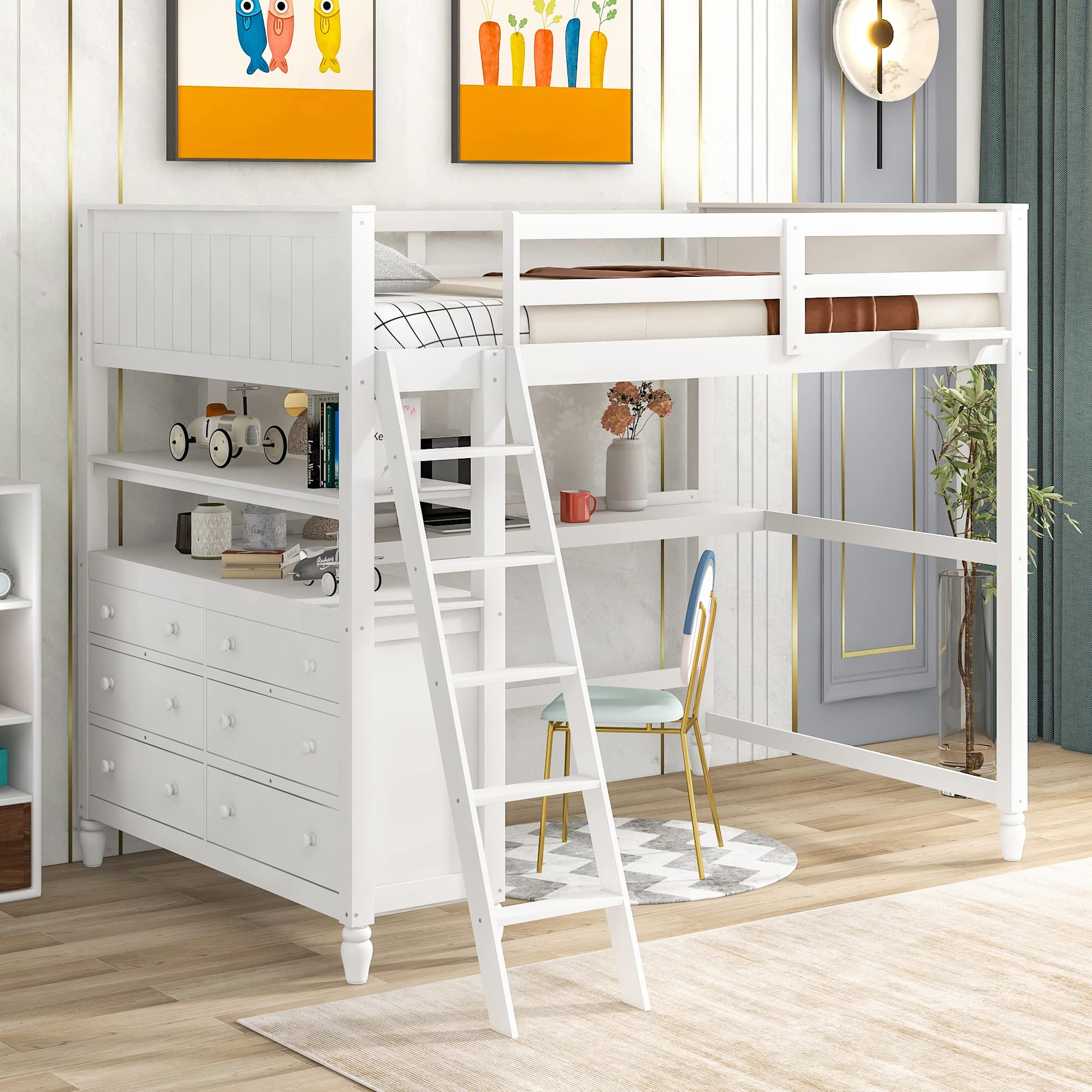 Full Size Loft Bed with Desk and Storage Drawers, Wood Full Loft Bed with Safety Guardrails, Ladder, Headboard and Footboard, High Loft Bed for Kids, Teens, Adults Boys & Girls(Full, White)