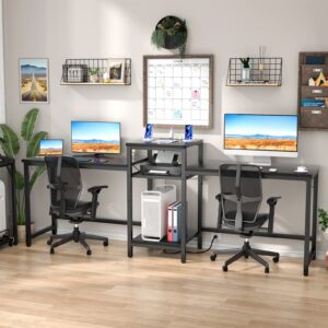 Unikito 2 Person Home Office Desk with USB Charging Port and Power Outlet, Modern Double Desk, Large Computer Desk Workstation with Storage Shelves, Long Desk, Gaming Desk, Writing Study Desk, Black