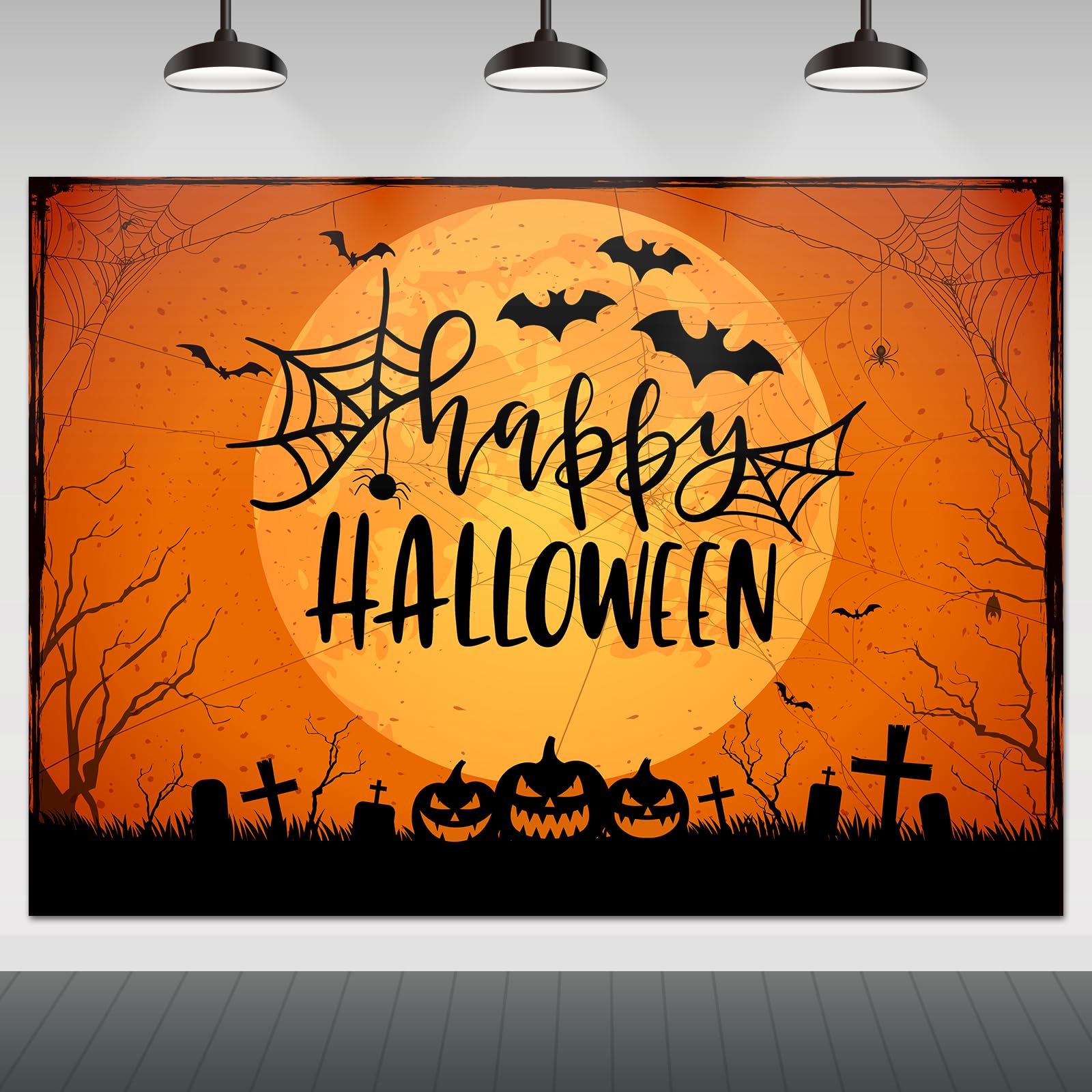 Mocsicka Happy Halloween Backdrop Orange Night Moon Graveyard Background Spooky Pumpkin Spider Web Halloween Party Cake Table Decoration Banner Photo Booth Props (7x5ft)