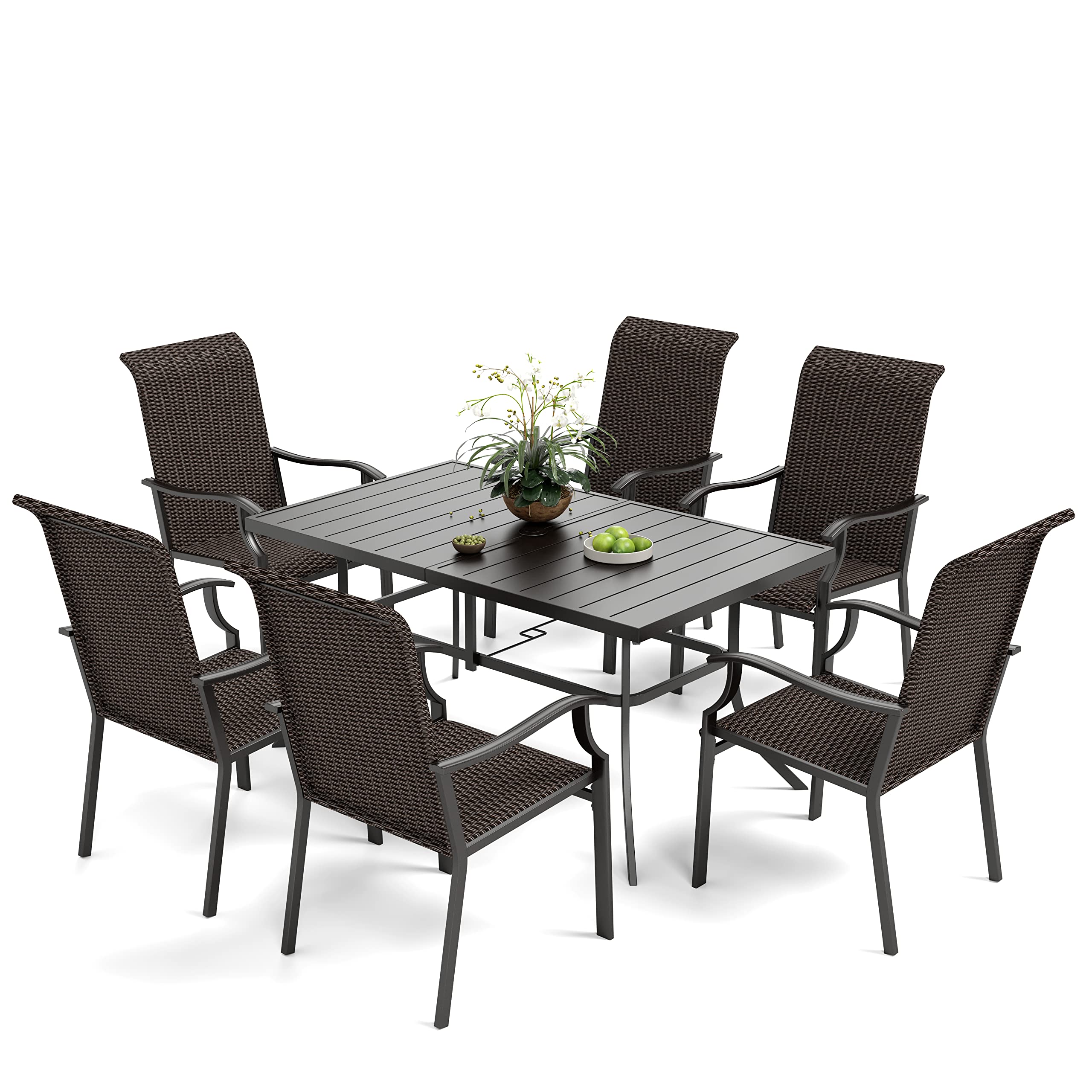 MIXPATIO Outdoor Patio Dining Set, 7 Pcs Patio Furniture Dining Table Chair Set, 6 Rattan Chairs and 1 Metal Dining Table(1.9" Umbrella Hole), for Lawn, Garden, Yards, Poolside