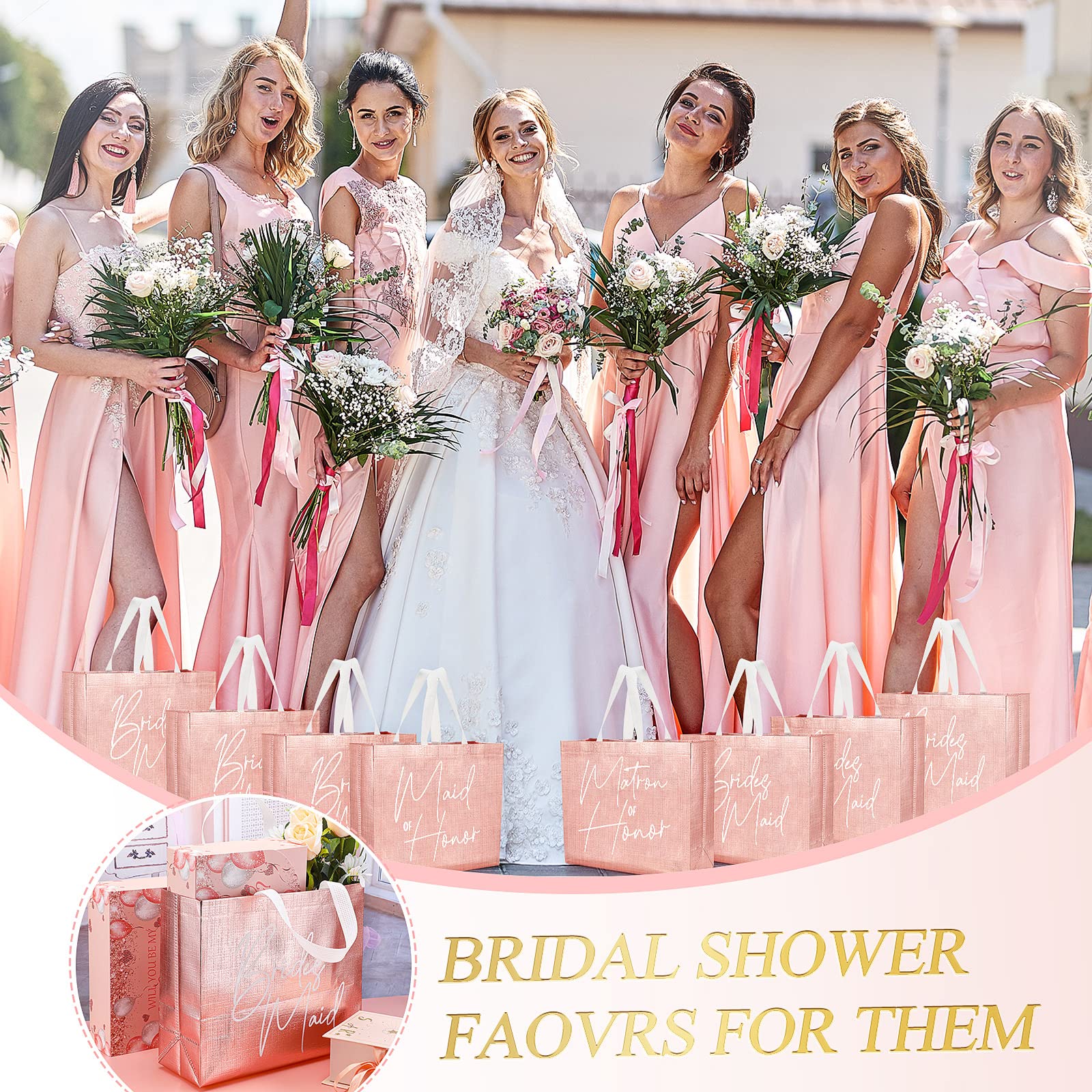 8 Pcs Bridesmaid Gift Bags Non-woven Reusable Gift Bags With Glossy Finish Wedding Welcome Bag with Handle Maid of Honor Matron of Honor Bags for Bridal Shower Engagement Bachelorette Party (Pink)